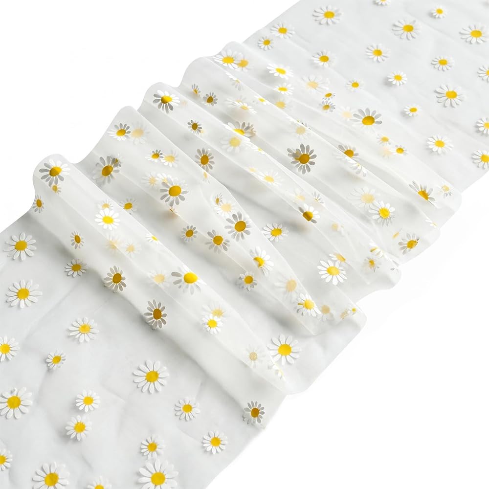 Floral Tulle Table Runner 75 x 300 cm, Sheer White/Pink Daisy Mesh Table Runner, Romantic Boho Table Overlay for Spring Dining, Easter, Wedding Banquet, Baby Shower & Garden Party Decorations (White)