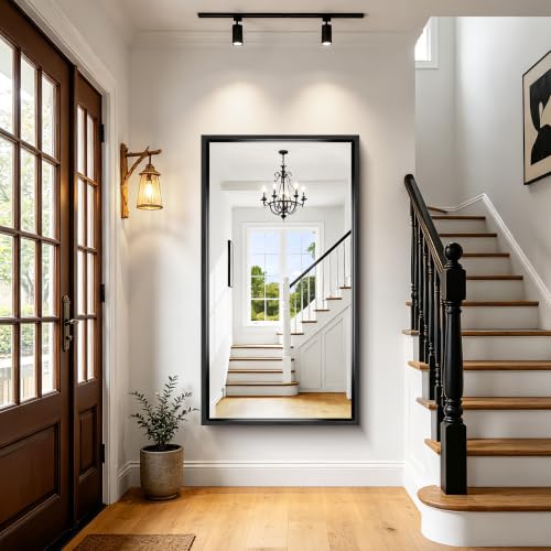 Image of Bathroom Mirror, 30 x 55 Inch Brushed Black Rectangle Mirror, 0.6 inch Thickened Deep Metal Frame Mirrors for Wall Over Sink, Shatterproof Tempered Glass, Antirust, Horizontally or Vertically