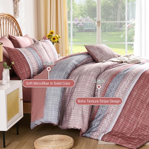 Image of Boho King Comforter Size Set, 8 Pieces Blush Pink Striped Texture Bed in a Bag Bedding Sets, Lightweight Soft Comforter and Sheet Set, All Season Microfiber Teen Boys Bedding Sets for Men Women