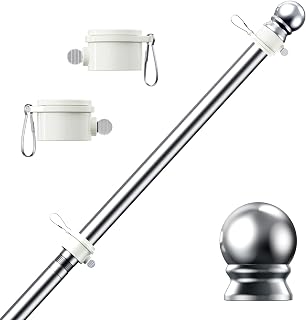 PHITRIC 5FT Tangle-Free Spinning Stainless Steel Flagpole - Rustproof for 3x5 Outdoor Flags, Yard, House, Garden (Silver, No Bracket)