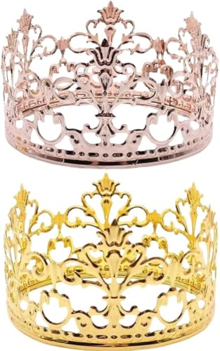 2 Piezas Corona, Corona para decoración de tartas, Corona de Princesa Decoración Tarta Happy Birthday Decoracion para Tartas para Decoración Baby Shower Boda de Fiesta Cumpleaños(Rosado& Oro)