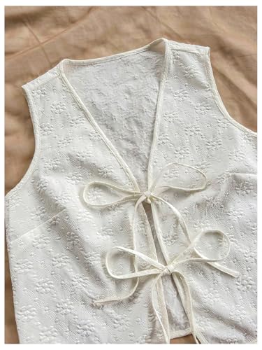 OYOANGLE Women's Textured Bow Tie Front Vest Sleeveless Cute Tops V Neck Summer Tank Tops3