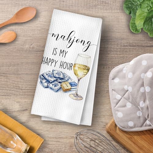 Image of Mahjong Wine Kitchen Towel - Mahjong is My Happy Hour Decorative Waffle Dish Towels, Bar Car Hand Towels, Mah Jong Tea Towel for Kitchen, 16x24 Inch