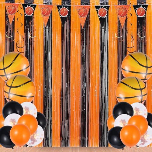 55Pcs Basketball Party Decorations Basketball Streamers Balloons Basketball Photo Props Backdrop 3.3x8.2Ft Black Orange Fringe Curtain for Basketball Game Day Birthday Party(Black Orange Basketball)