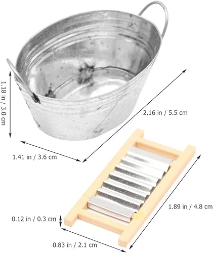 Miniatura 2 de GANAZONO Tina de lavado para casa de muñecas, lavabo en miniatura, juego de tabla de lavado de madera con mini cubo de metal, mini tabla de