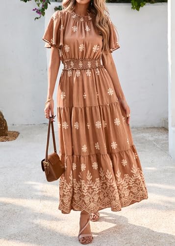 KIRUNDO Maxi Dresses for Women 2025 Floral Short Sleeve Spring Summer Smocked Waist Round Neck Flowy Beach Vacation Dress4