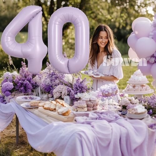 Image of SUWEN 40 Inch Light Purple Lavender Big 40 Balloon Number Foil Helium 0-9 | 40th Large Giant Huge Mylar Jumbo Happy Birthday Party Anniversary Decorations