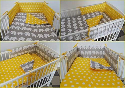 3 pc Baby Bedding Set for COT 120X60 OR COT Bed 140X70 - Stars-Elephant- (COT Bed Size 140X70, Grey Elephant - Yellow with DOTS - Reversible)