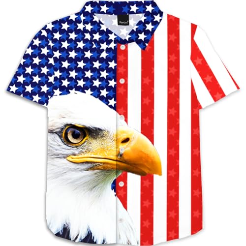 Remimi Boy July 4th Button Shirts Girl USA Flag Eagle Print Top Memorial Day Cool Short Sleeve Summer Shirt 7-8 Years