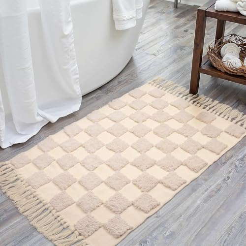 AevitasX Boho Bathroom Rugs with Tassels 2'x3' Cute Checkered Bath Mat Beige Cotton Rug Fits Perfectly Into Your Bath Machine Washable Woven Rug, 24 x 36 inch by AevitasX - Used condition - Image 8