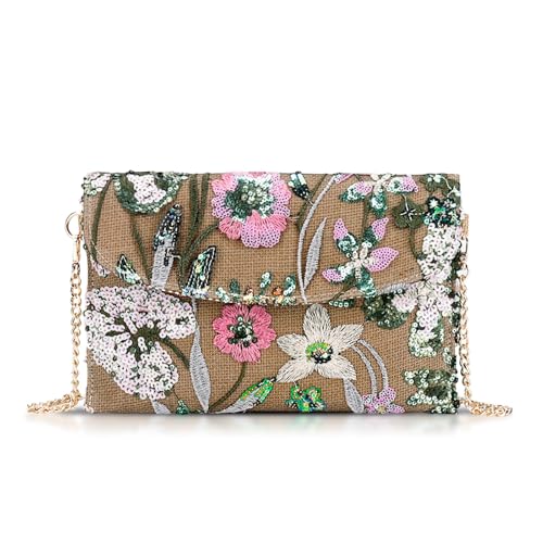 Image of Clutch Purses for Women, Envelope Package, Sequin Embroidered Flowers Straw Bag, Bohemian Handmade Handbags
