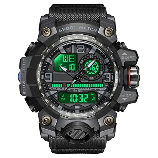 kieyeeno Hombre Relojes Deportivos, Digital Militares Relojes 50M Impermeable con Luz LED Cuenta Atrás Reloj Parada,Hora Dual Relojes Electrónica Plastico Caja y Goma Correa Negro