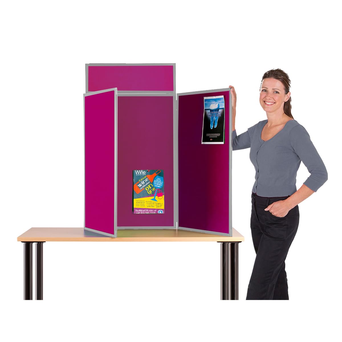 Wonderwall Desktop Exhibition 3 Panel Folding Display Panel Kit, Raspberry Pinboard with Grey PVC Frame,Carry Bag, 100 Adhesive Tabs & Header -11 Colours - for Schools, Exhibitions, Venues