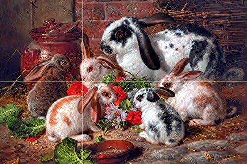 A Family of Rabbits by Alfred Richardson Barber Tile Mural Kitchen Bathroom Wall Backsplash Behind Stove Range Sink Splashback 3x2 4.25" Ceramic, Glossy