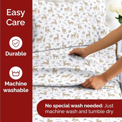 Cal King Christmas Reindeer Sheet Set - Holiday Xmas Pattern Bedding Set - Deep Pockets - Snug Fit - 4 Piece - Wrinkle Free - Cozy Cooling Festive Winter - Holiday Sheets for Women, Men, Kids & Teens