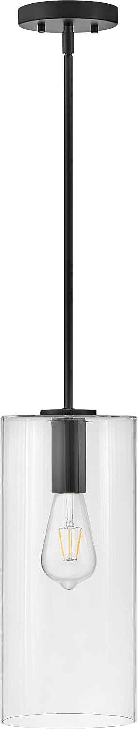 Lark Lane 83377BK Single Cylindrical Pendant Light, Sleek, Streamlined, Suspended Clear Glass Shade, Black