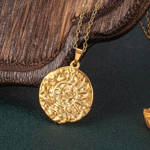 DNBVII 18K Gold Plated Hammered Sun Relief Coin Pendant Necklace for Women,Byzantine/Bohemian Style,18" Chain(Gold) by DNBVII - Used condition - Image 2