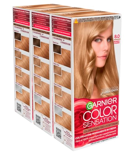 Garnier Color Sensation Permanente Haarfarbe, langanhaltend, mit Rosenöl, deckt 100 % weißes Haar ab, Farbe 8.0, Hellblond – 3 Farben