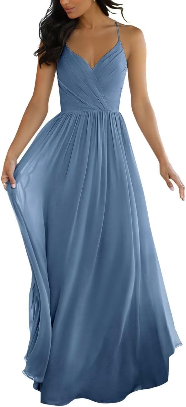 VKBRIDALV Neck Bridesmaid Dresses for Women Long Chiffon Ruched A Line Spaghetti Strap Formal Evening Gown for Wedding