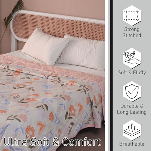 Image of Dohar Double Bed 100% Cotton Blankets for Summer | 90x100inch, 150GSM Ac Comforter and Cooling Blankets for Summer | Pink Color | Classic Printed Design | Quilt | Ideal for Gifting
