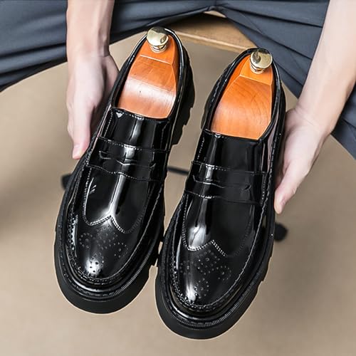 Men's Black Soft Patent Leather Chunky Platform Loafers, Fashionable British Style Brogue Business Casual Formal Shoes, Comfortable Non-Slip Lug Sole Slip-On Penny Loafers2