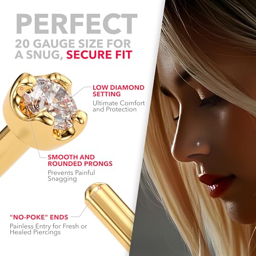 Body Candy 14K Solid Gold Nose Ring Studs - 1.5mm (0.015 cttw) Genuine Diamond L Shaped 20 Gauge 1/4" Real Gold Nose Ring Piercing Jewelry - 14 K Gold Nose Stud, Nose Piercings, Gold Nose Studs for Women, Men3