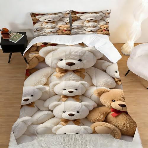 Image of Teddy Bear Comforter Set Full Size Cute Toy Bear Bedding Sets for Girls Boys Kids Adults Bedroom Decor Kawaii Animal Quilt 1 Comforter 2 Pillowcases