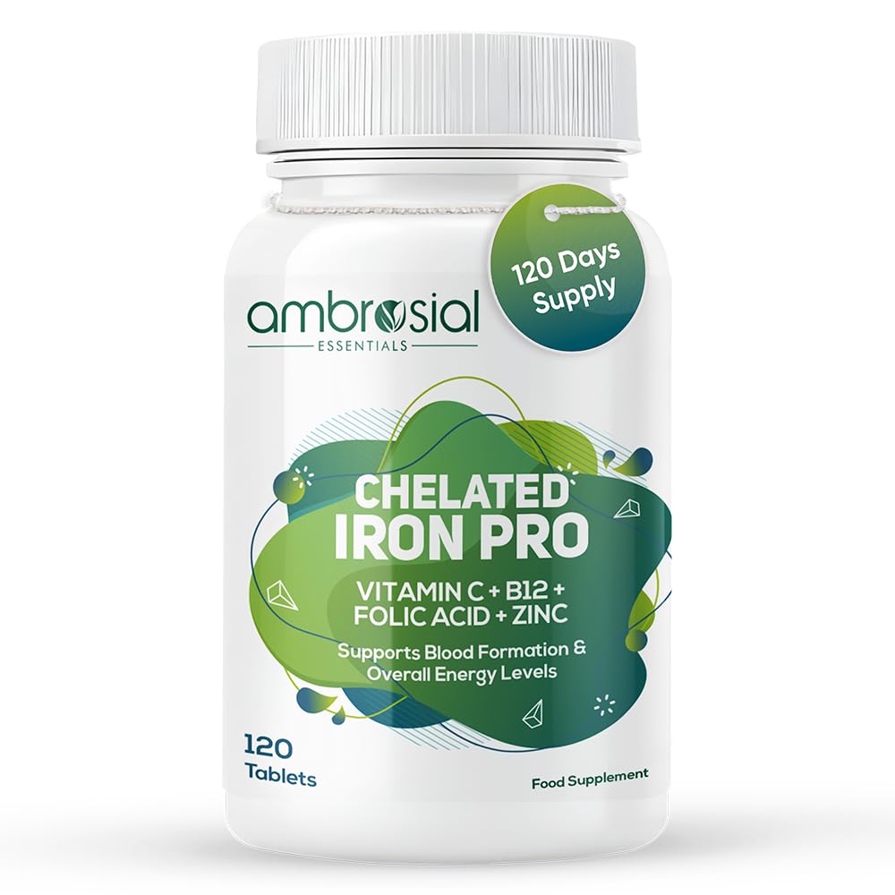 Ambrosial Chelated Iron Pro with Vitamin C, B12, Folic Acid & Zinc – Gentle on Stomach | Iron Supplement for Daily Use | 120 Veg Tablets-image-20