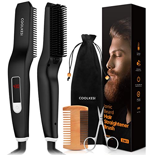 COOLKESI Ionic Beard Straightener Comb, Faster Anti-Scald Ceramic Heated Beard Brush, Upgraded Portable Beard Straightening Comb with 6 Adjustable Temp, Unique Stocking Stuffer Gifts for Men and Women