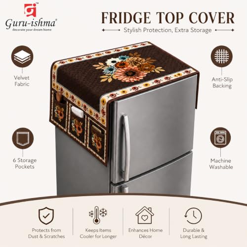 Image of Refrigerator Top Cover for Single Door & Double Door 165-225 Litre | Washable, Anti-Slip Protective Velvet Fabric Fridge Top Cover with 6 Storage Pockets, Extra Storage Space 101 x 55 cm