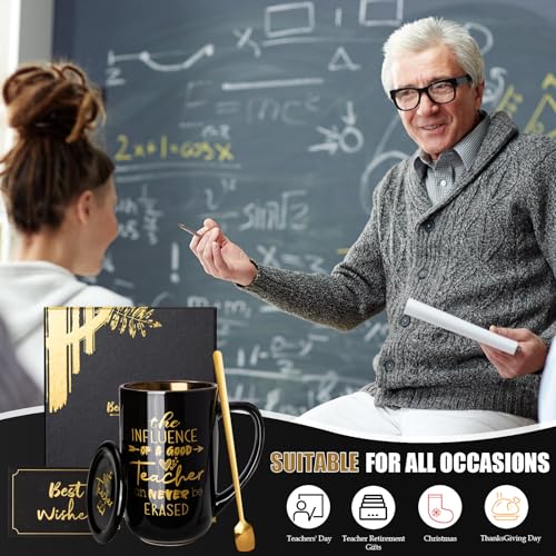 Teacher Gifts for Men, Male Teacher Appreciation Gifts from Students, Best Teacher's Gift on Christmas Graduation Retirement, 18Oz Metal Glaze Ceramic Coffee Mup with Spoon Lid Card Gorgeous Box