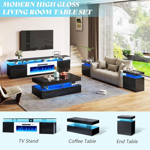 Image of AMERLIFE 70 inch High-Gloss Fireplace TV Stand with 36 inch Electric Fireplace | Black /White LED TV Console, Modern Living Room Entertainment Center, Fits TVs up to 80 inch, 2 Cabinets, 2-Tier Storage Space