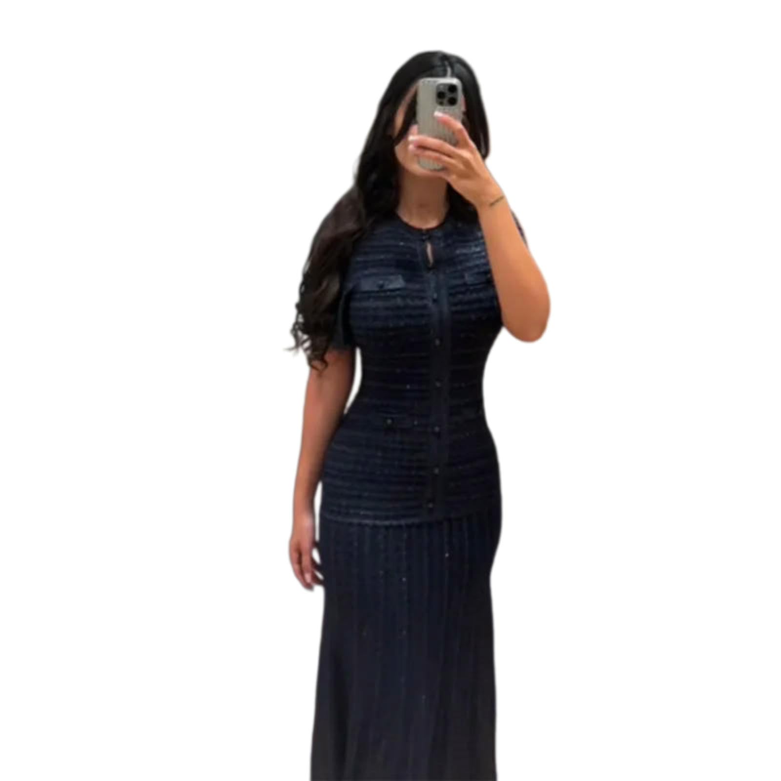 Vestito Abito Maxi con Paillettes da Donna 2026, Longuette Lavorato A Maglia Maniche Corte Scollo Rotondo in Vita Stretto Festa Monopetto Scavato-Blu Marino-s