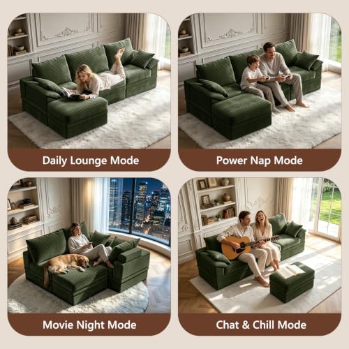 107" Modular Sectional Sofa Boneless Couch with Storage,L-Shape 3 Seat Comfy Modern Cloud Couch Sofa with Ottoman, 27" Deep Seat Corduroy Sofa for Living Room, Tool-Free Assembly - Green - image 6