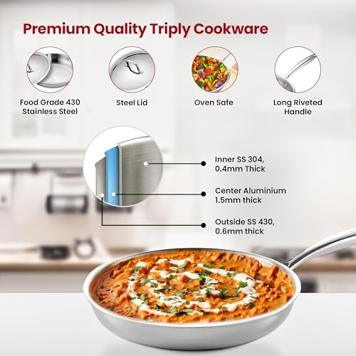 Image of The Better HomeTriply Frying Pan with Lid (1.5 LTR)| Diameter - 22 cm | 2.5 mm Thickness | Induction Cookware | Omelette Pan Non Stick | Long Riveted Handle | Dishwasher Safe