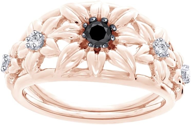 Jewel Zone US Black & White Natural Diamond Engagement Accents Flower Ring in 14k Gold Over Sterling Silver (0.25 Ct)