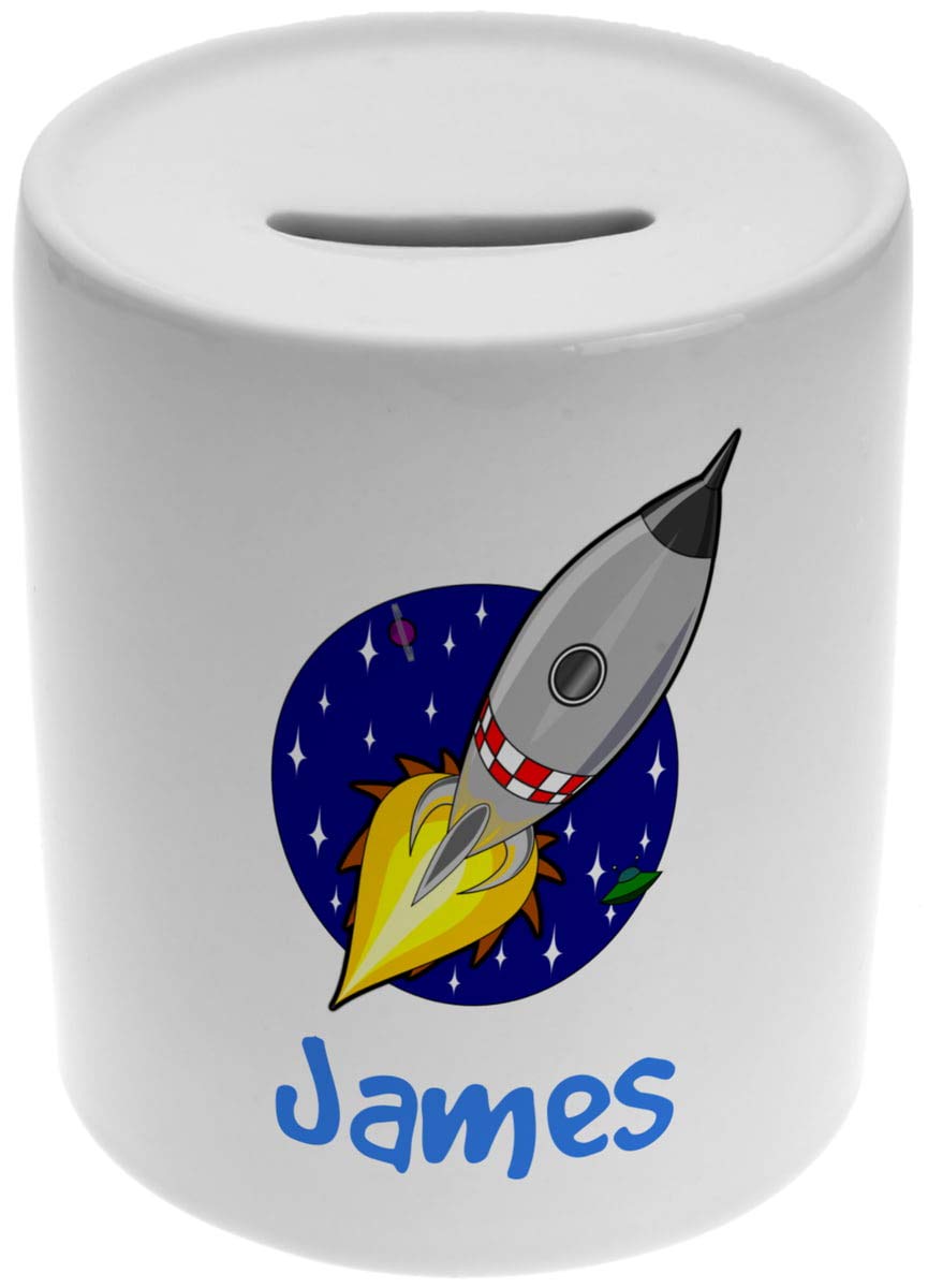 Go Find A Gift Boys White Personalised Rocket Ship Ceramic Money Box-Ceramic Piggy Bank For Newborn, Baby Or Child
