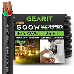 GearIT 16/4 16 AWG Portable Power Cable (25 Feet - 4 Conductor) SOOW 600V 16 Gauge Electric Wire for Motor Leads, Portable Lights, Battery Chargers, Stage Lights and Machinery -25ft Electrical Cord