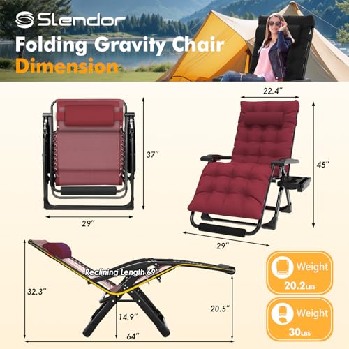 Image of Slendor Oversized Zero Gravity Chair XL,29IN Padded Anti Gravity Chair, Zero Gravity Lounge Chair, Folding Reclining Patio Chair w /Aluminum Alloy Lock, Headrest, Cup Holder, Wine Red