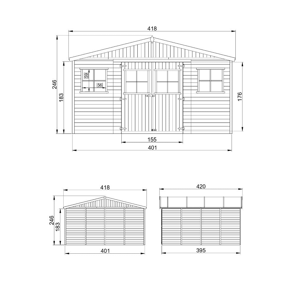 Abri de Jardin en Bois Naturel - Stockage extérieur avec fenêtres- H246 x 418 x 420 cm/ 16 m²- Hangar en Bois Naturel - Atelier Rangement Outils et vélos- TIMBELA M330