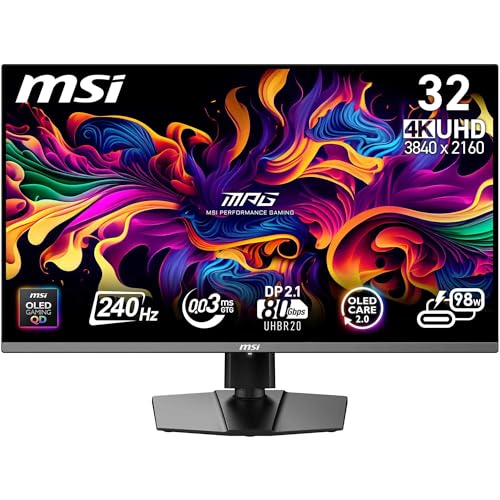 Migliori monitor per grafica MSI MPG 322URX QD-OLED 31,5' 4K UHD Gaming Monitor - Pannello Quantum Dot OLED 3840 x 2160, 240Hz / 0,03ms, 99% DCI-P3, ΔE≤2, DisplayHDR True Black 400, KVM, RGB - DP 2.1a, HDMI 2.1, USB Type-C