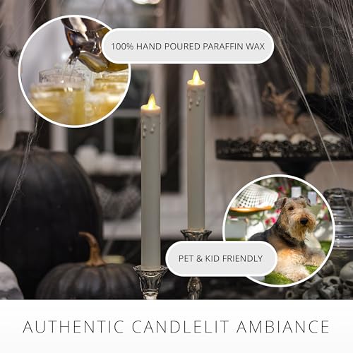 Image of Luminara White Single Wax Drip Flameless Candle Tapers (1 x 9.5 inch), Moving Flame LED Candle Unscented Real Wax with Dripped Top Timer Function, Table, Mantel, Holiday Decoration