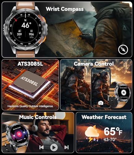 GPS Men Smart Watch with Compass and LED Flashlight 1.43 inch AMOLED Smartwatch for Men Bluetooth Call for Android iOS 530 mAh Big Battery Brown with 2 Watch Strap - Image 7