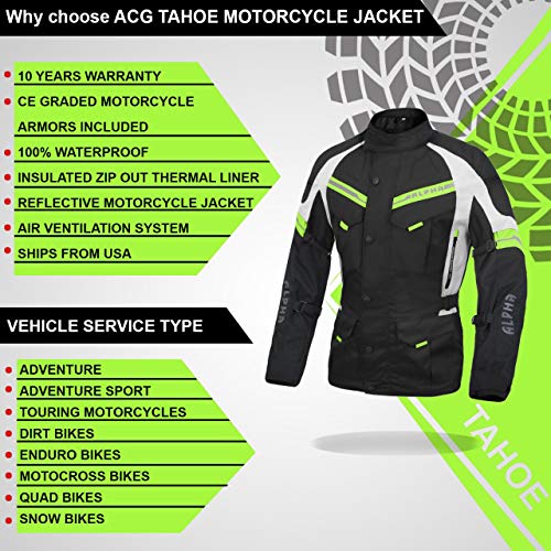 Acg Adventure Motorcycle Jacket Men For Touring Ce Armor Waterproof All Season Biker Riding (Black/Hi Vis Green, Large) #TOP2