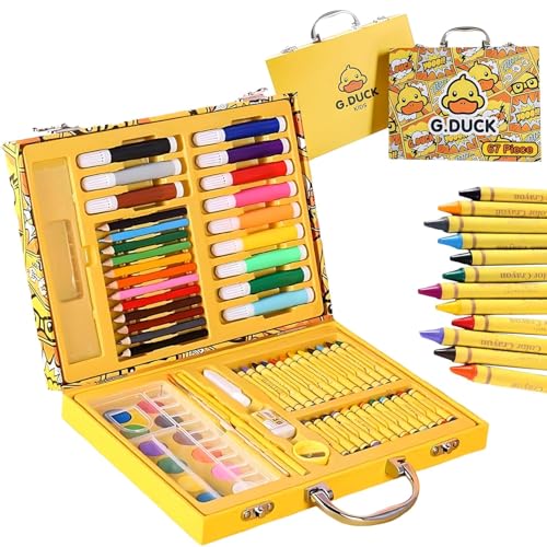 Image of WISHKEY 67 Pieces Art Set for Kids with Duck Theme Case, Art and Craft Supplies Kit for Drawing and Painting with Sketch Pen, Paint Colors, Brush, Color Pencils, Crayons (Pack of 1, Yellow)