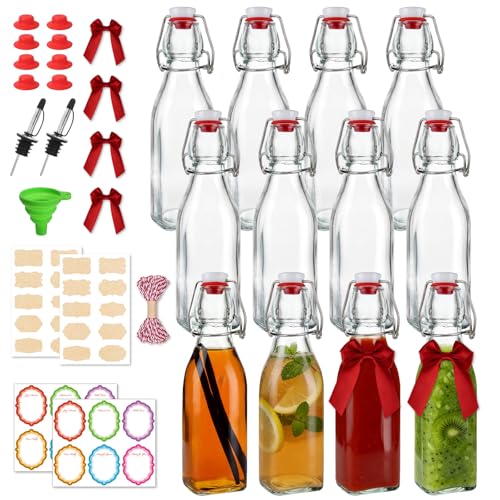 BIGIVACA 12 Pack 8oz Square Swing Top Glass Bottles – Flip Top Bottles with Stoppers for Vanilla Extract, Kombucha, Kefir, Home Brewing, Fermentation & Gifting, Includes 8 Extra Seals & 2 Pourers