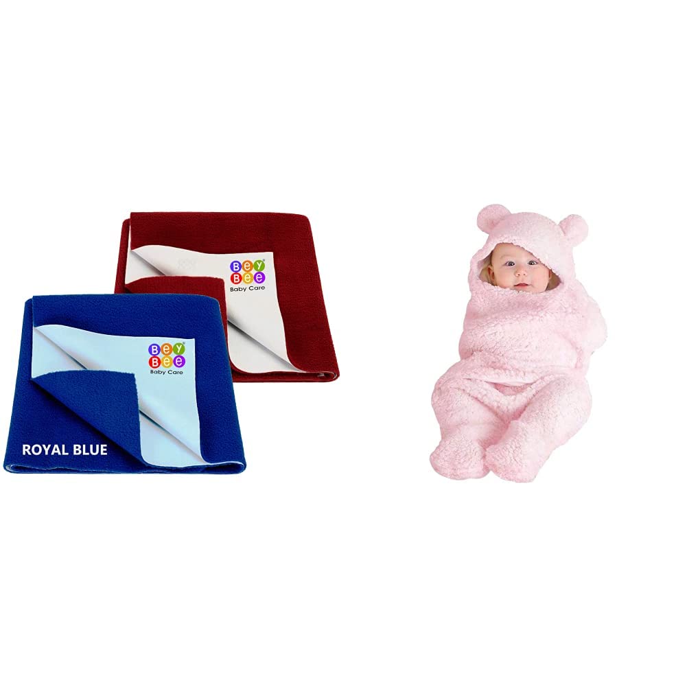 Bey Bee Water Resistant Bed Protector Baby Dry Sheet with Ultra Absorbance (RoyalBlue/Maroon)&My Newborn 3 in 1 Baby Blanket-Safety Bag-Sleeping Bag for Babies