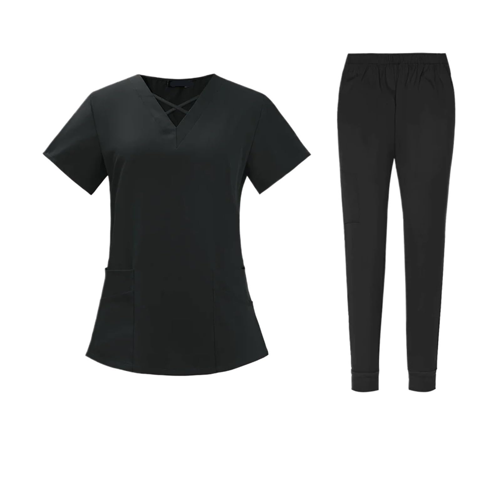Divisa Infermiere Donna Scrubs Uniformi infermieristiche for Donna Uomo Set Top e Pantaloni da Jogging in Tessuto Sottile for Sala operatoria Abbigliamento da Lavoro for Medico(Black,XXL)