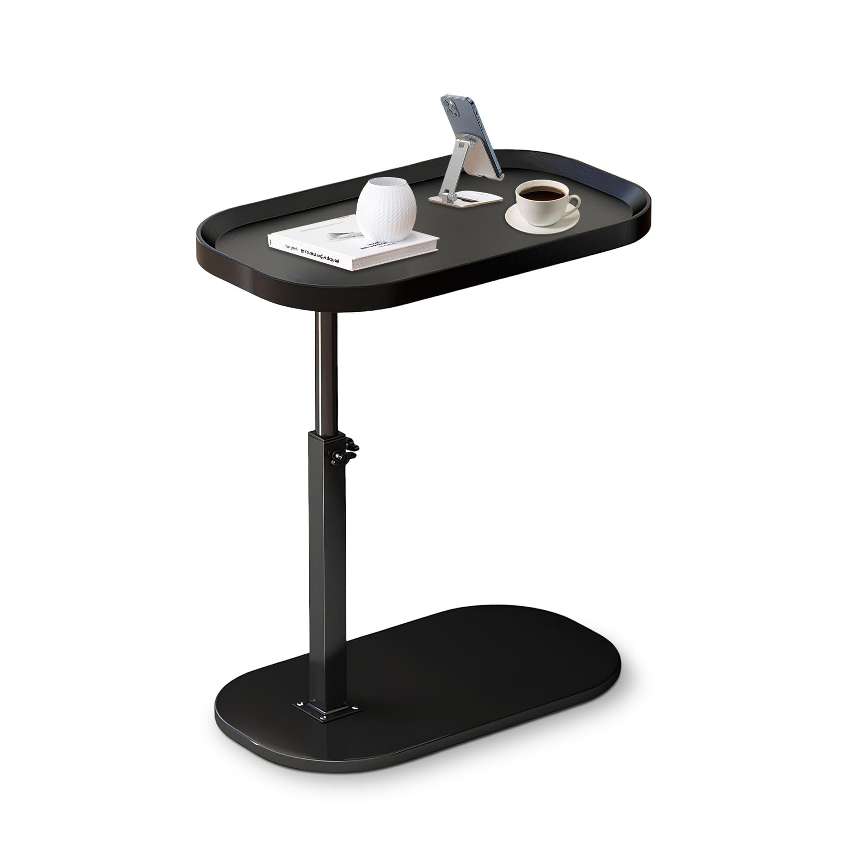 XUDREZ Adjustable C Shaped Side Table, 360°Swivel C Shaped End Table, Couch Side Tables That Slide Under, Modern Small Coffee Table for Sofa/Bed/Bathtub, Rotating Tabletop (Black Color)