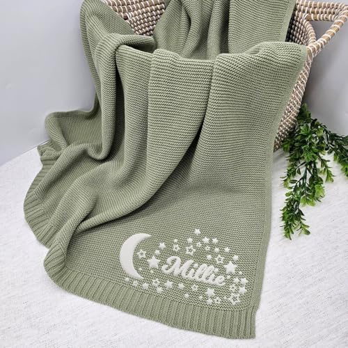 Image of Luxury Personalized Name Baby Blanket, Embroidered Name Baby Blanket, Cute Soft Breathable Cotton Knit Baby Blanket, Newborn Baby Gift, New Mom Gifts, Newborn Baby Girl & Boy Gift